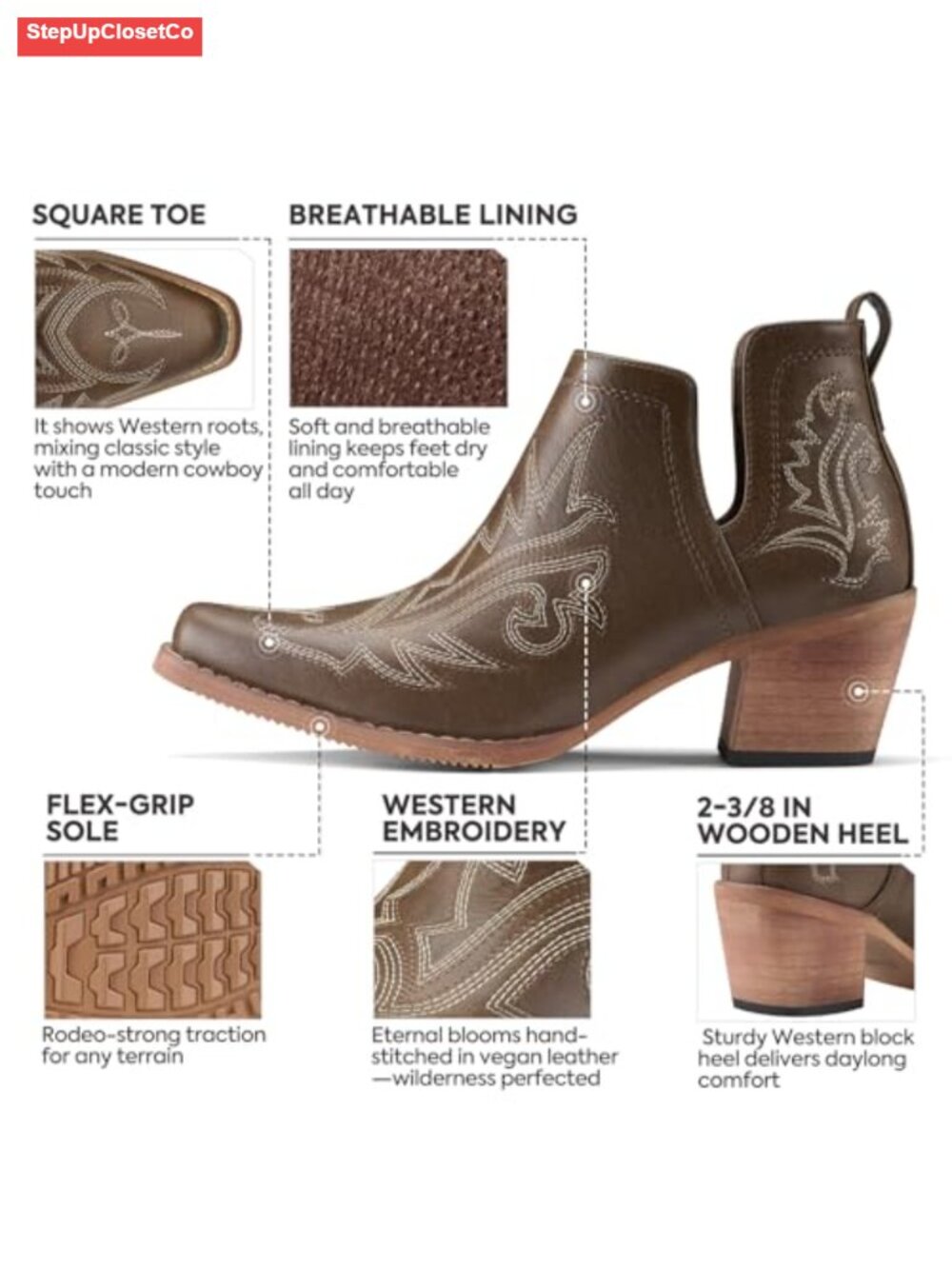 Women's Cowgirl Ankle Boots with Chunky Heel, Square Toe, Vegan Leather - Picture 3 of 6